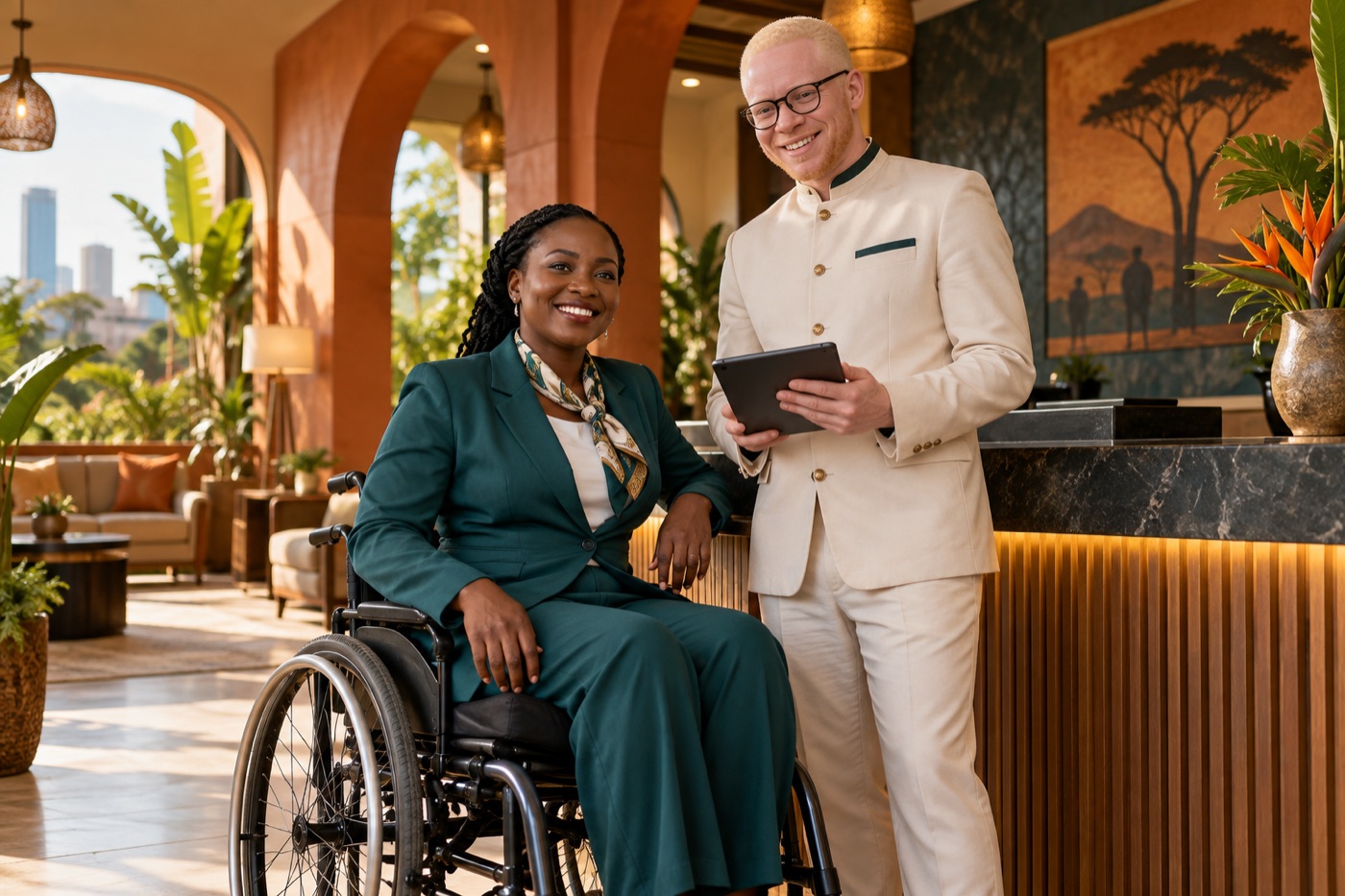 Illustrative scene of two Kenyan hospitality professionals, including a wheelchair user, at a hotel reception